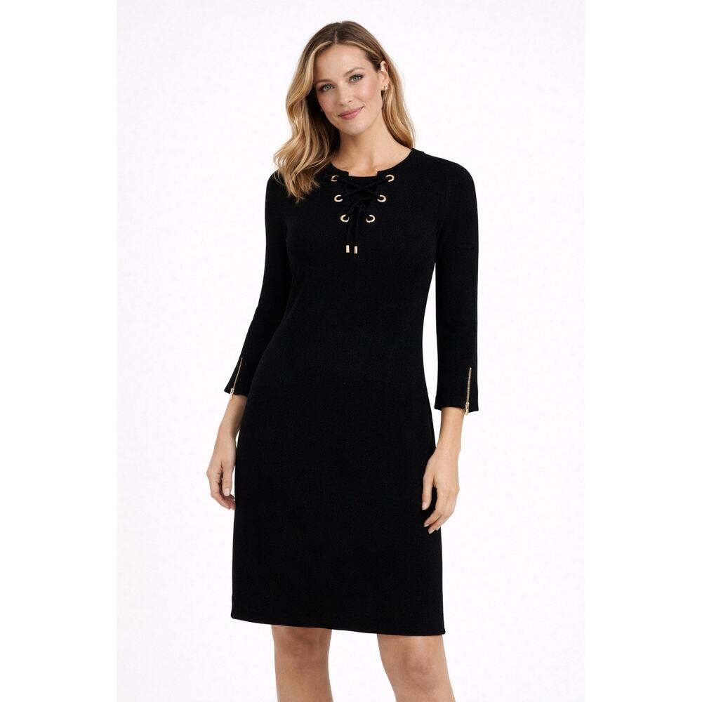 Calvin Klein Knit Sweater Dress size Small Black Gold Grommet Laced 3/4 Sleeve